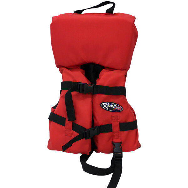 A red Kemp USA infant life jacket with black straps.