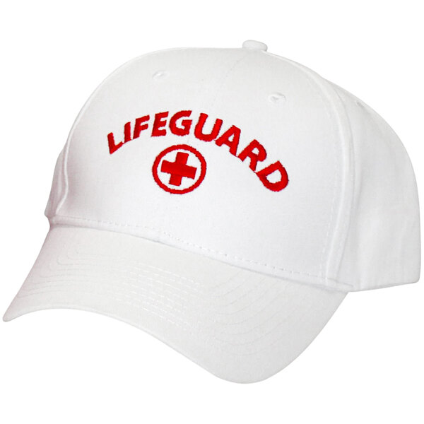 A white Kemp USA 6-panel lifeguard hat with red embroidered text reading "LIFEGUARD"