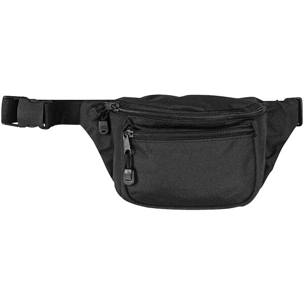 A close-up of a black waist bag with a zipper.