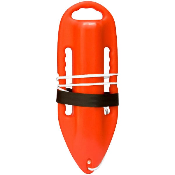A red plastic Kemp USA rescue can with black straps and an orange handle.