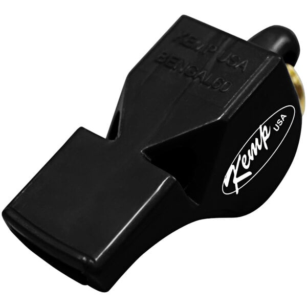 A black Kemp USA whistle with white text and gold accents.