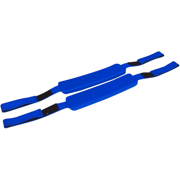A pair of royal blue straps with black handles.