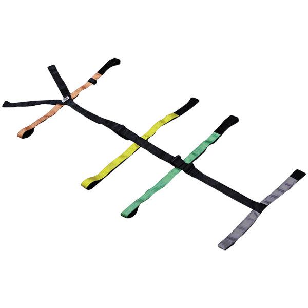 A group of black, white, yellow, and orange Kemp USA spineboard straps.