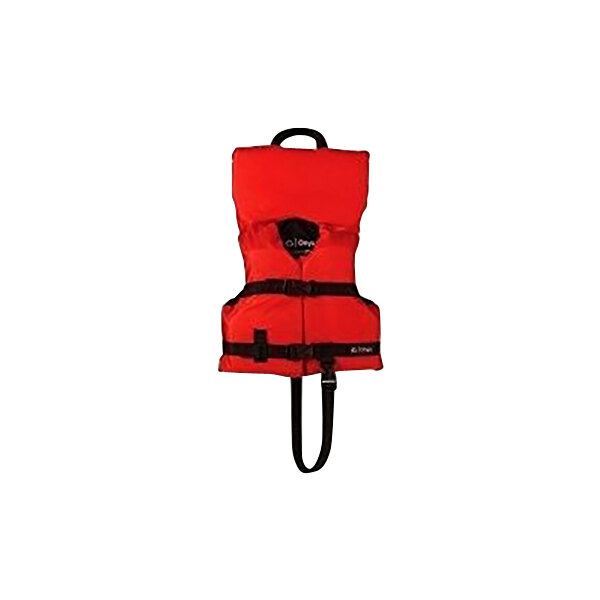 A red Kemp USA youth life jacket with black straps.