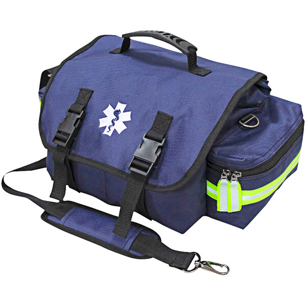 A navy blue Kemp USA First Responder Bag with a strap and a handle and a white logo.