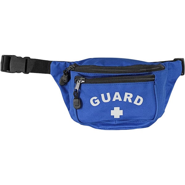 A royal blue waist bag with a white cross and the word "guard" in white.