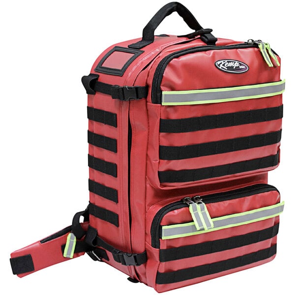 A red backpack with black straps.