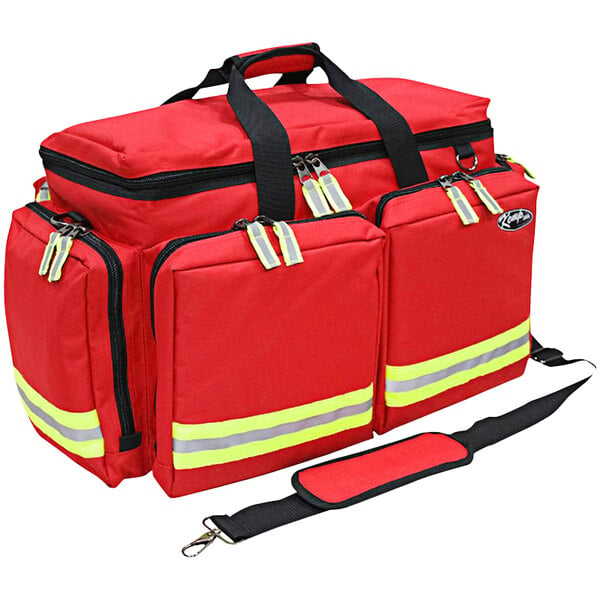 A red Kemp USA Ultra EMS bag with black straps and yellow reflective stripes.