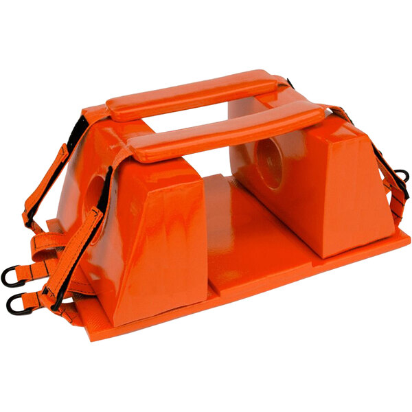 An orange head immobilizer set with straps.