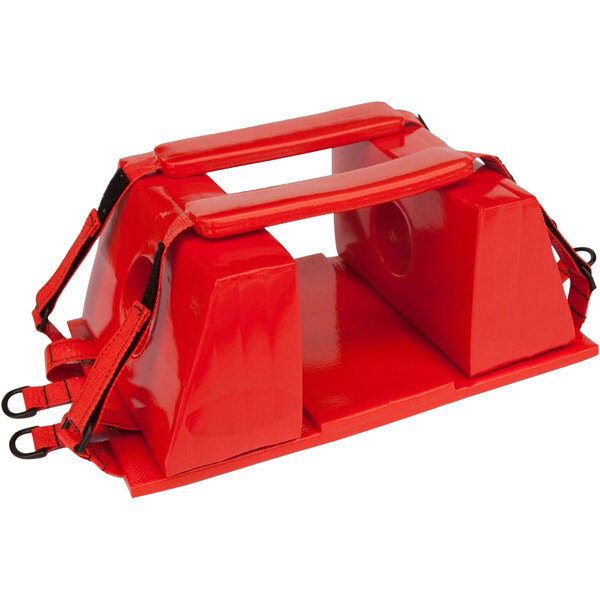 A red plastic head immobilizer with straps.