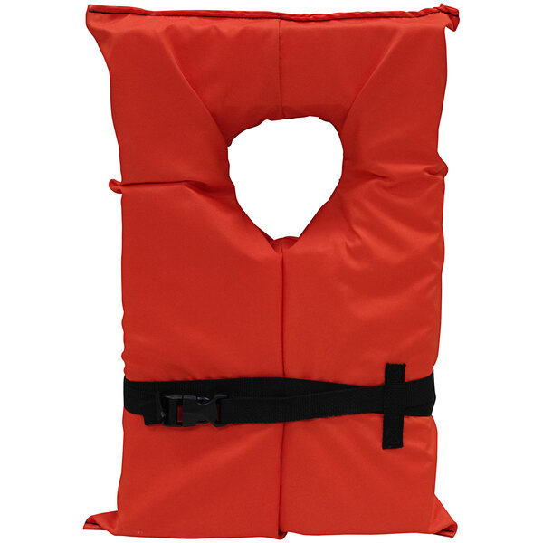 An orange KEMP USA Type II life jacket for adults with a black strap.