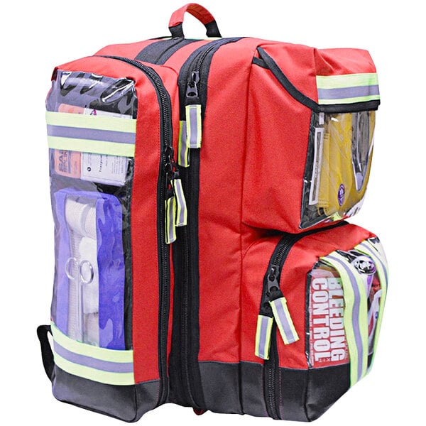 A red backpack with clear pockets.