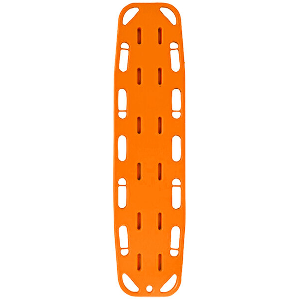 An orange plastic Kemp USA Pediatric Spineboard with holes.