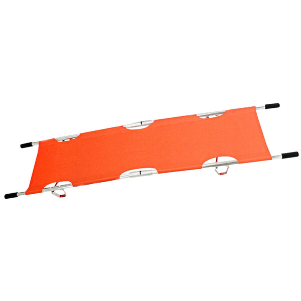 An orange Kemp USA folding pole stretcher with metal handles.