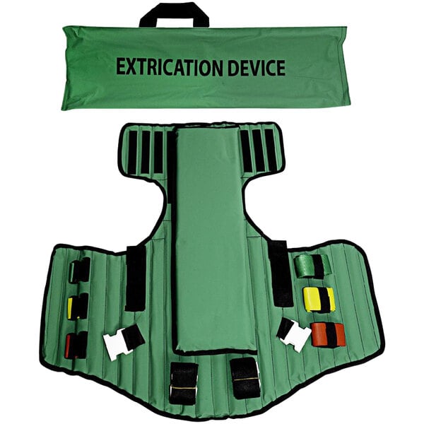 A green bag with a green strap and a green vest with black straps.