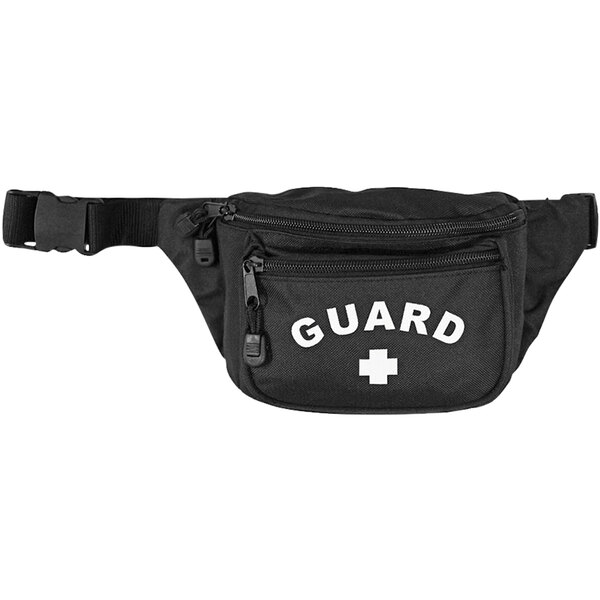 A black waist bag with a white cross and the word "guard" in white.