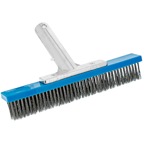 A blue and silver Kemp USA pool brush with a handle.
