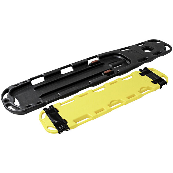 A yellow plastic spineboard with black handles.