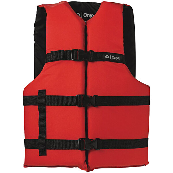 A red life jacket with black straps.