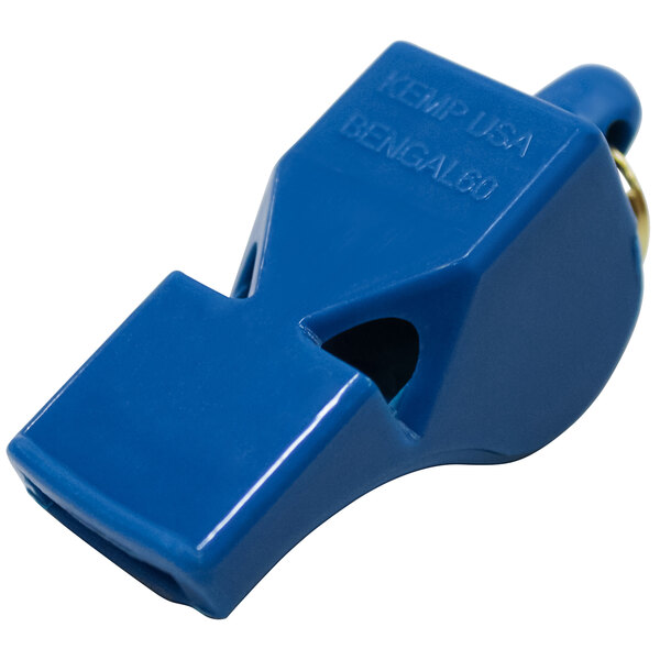 A royal blue plastic whistle with a metal ring.