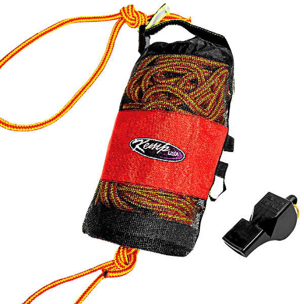 A yellow rope with a black and red bag, attached to a black whistle.