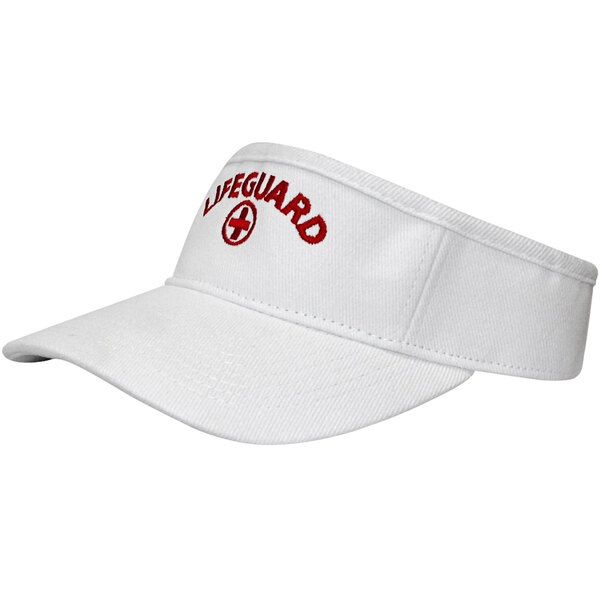 A white visor with an embroidered red LIFEGUARD logo.