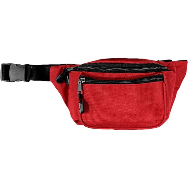 A red Kemp USA first aid hip pack with black zippers.