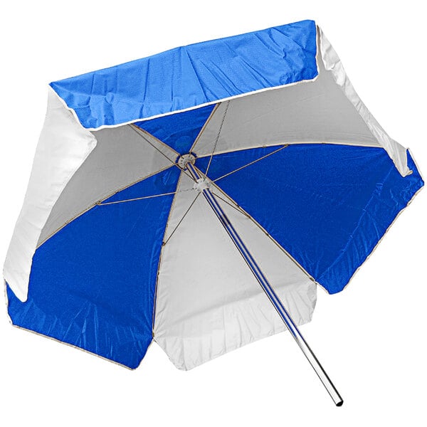 A blue and white Kemp USA umbrella with a white handle.