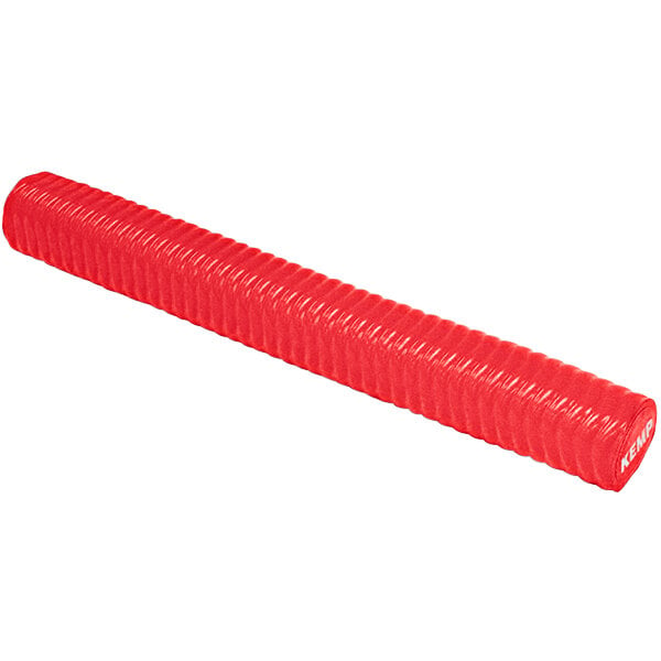 A red ribbed pool noodle with a white background.