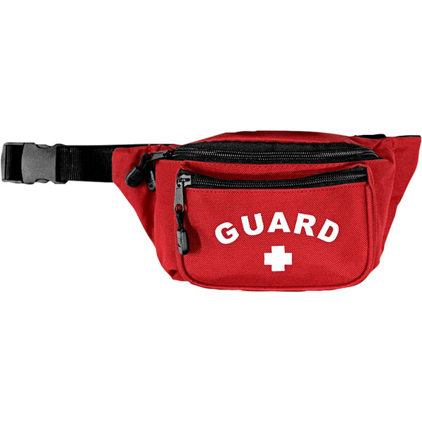 A red Kemp USA first aid hip pack with a white cross and the word "guard" on it.