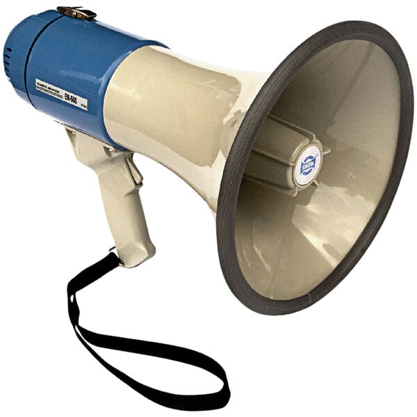 A blue and white Kemp USA battery-operated megaphone with a black strap.