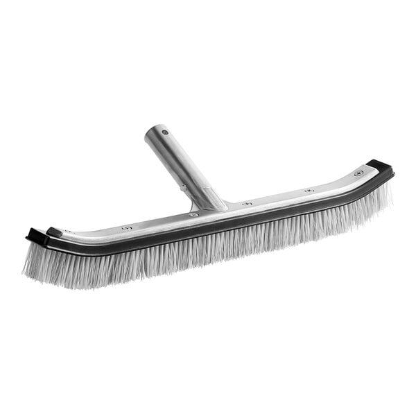 A Kemp USA curved aluminum pool brush with a black handle.