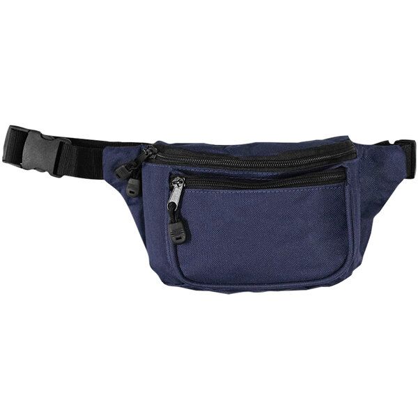 A navy blue Kemp USA first aid hip pack with a black zipper.