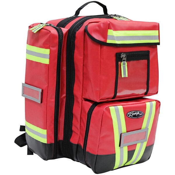 A red backpack with yellow reflective stripes.