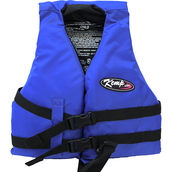 A blue Kemp USA child life jacket with black straps.