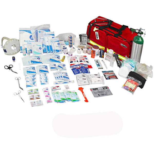 A red Kemp USA EMS Gear Bag with a 340-piece medical supply pack inside.