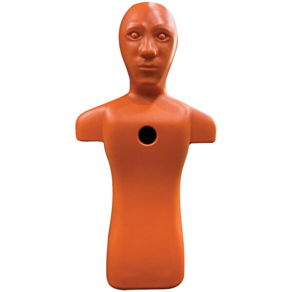 An orange Kemp USA water rescue training manikin with a hole in the middle.