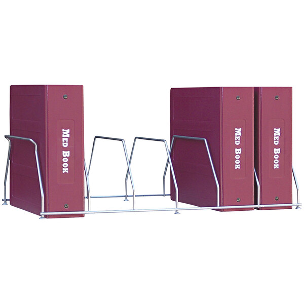A group of red Omnimed binders on a metal rack.