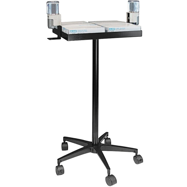 A black Omnimed mobile infection control stand with wheels and a white tray on it.