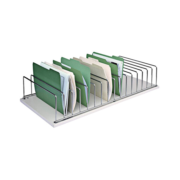 A beige Omnimed countertop storage rack holding 16 green file folders.