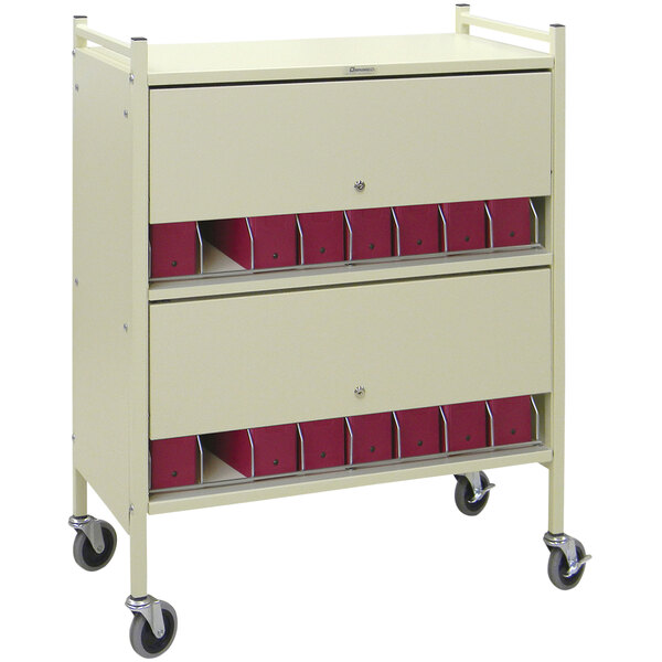 A beige Omnicart medical cart with locking panels.