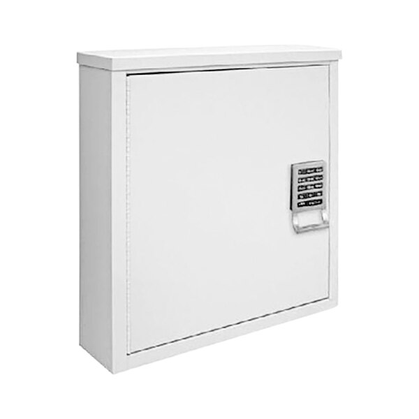 A light gray metal patient security cabinet with an electronic lock.