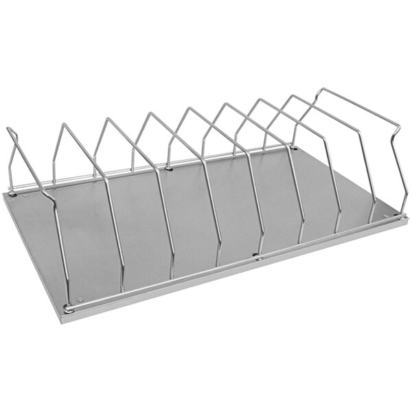 A stainless steel Omnimed countertop rack with eight sections.