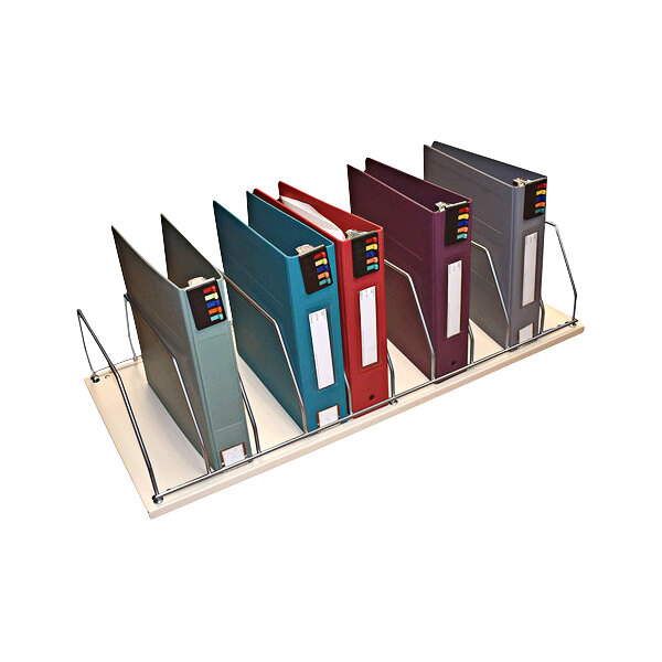 A beige Omnimed countertop storage rack with 10 sections holding binders and file folders.