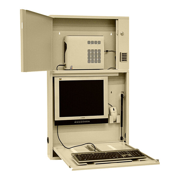 A beige Omnimed IT informatics workstation cabinet with a computer and keyboard inside.