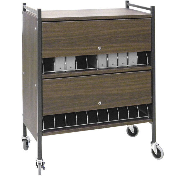 An Omnimed woodgrain cabinet cart with black metal shelves.