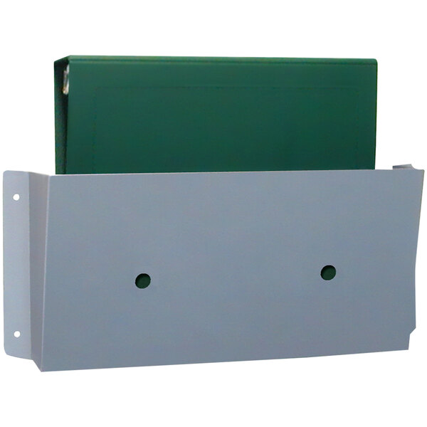 An Omnimed green and grey aluminum wall file pocket with a green folder inside.