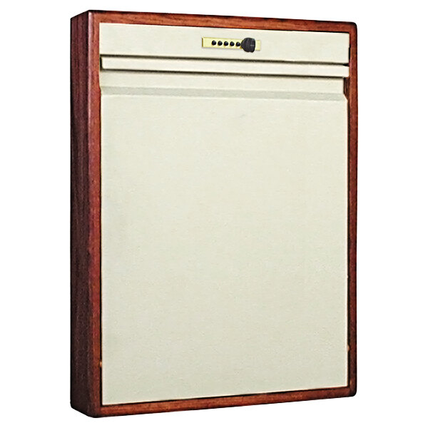 A white rectangular cabinet with a brown cherry wood frame and a lock.