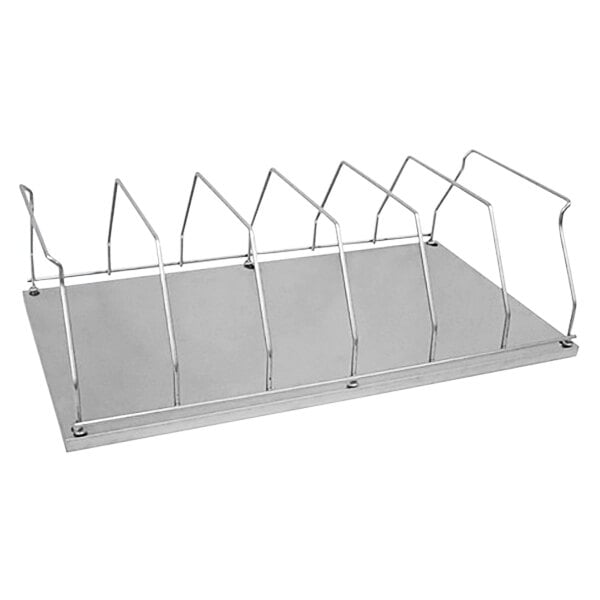 A stainless steel countertop rack with six sections and metal pegs.