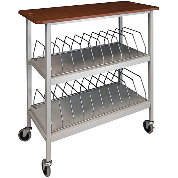 An Omnimed light gray metal chart rack with cherry wood shelves on wheels.